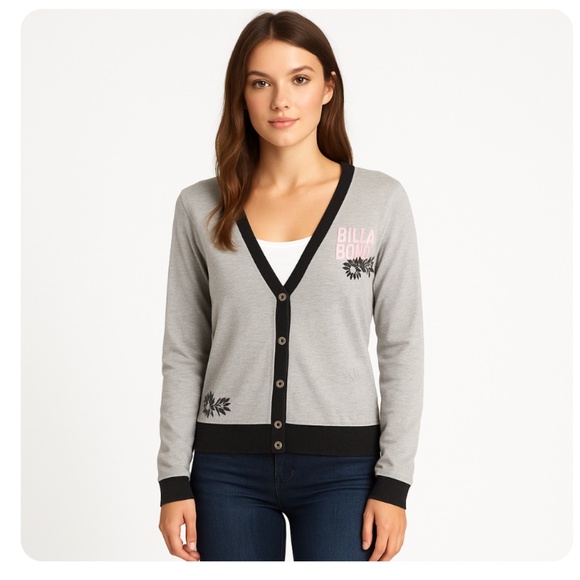 BILLABONG Grey Button Down Cardigan Size Small Peace Sign - Picture 1 of 8